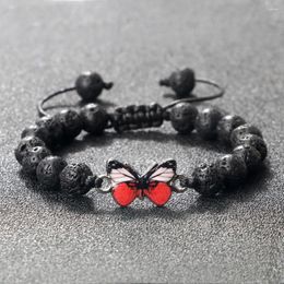 Strand 8mm Natural Black Lava Bracelets For Women Men Charm Red Alloy Butterfly Pendant Handmade Braided Tiger Eye Stone Agates Jewellery