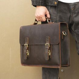 Briefcases Nesitu High Quality Vintage Brown Real Genuine Leather Men Briefcase 14 Inch Laptop Bag Messenger Bags #M7223