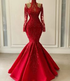 Modest Red Lace Mermaid Prom Formal Dress 2024 High Neck Appliques Beaded Long Sleeves Evening Party Gowns Celebrity Style Vestido De Feast Robe De Soiree