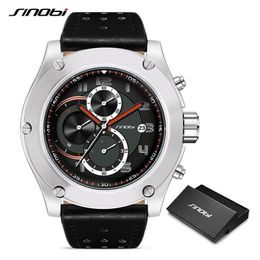 SINOBI Brand Sport Men Watch Luxury Male Leather Waterproof Chronograph Quartz Clock Military Wrist Watch Men Clock Saat Gift180H