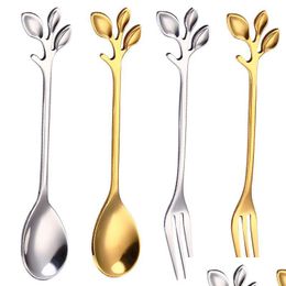 Spoons Stainless Steel Tree Branch Spoon Fork Gold Dessert Coffee Spoons Home Kitchen Dining Flatware Stirring Drop Ship Dro Dhgarden Dhpjb