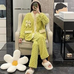 Women's Sleepwear Coral Velvet Pyjamas Set Sweet Lovely Bow Long Sleeve Home Fashion Button Clothing Winter Thick Warm Nightwear