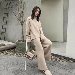 Women's Two Piece Pants Knitting Female Sweater Pantsuit For Women Set Knitted Pullover V-neck Long SleeveTop Wide Leg Suit Warm Autumn