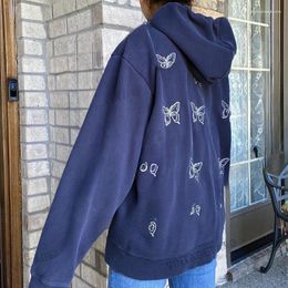 Women's Hoodies Hooded Sweater Zipper Coat Blue Purple Cotton Butterfly Pattern Printing Fashion Spring And Autumn Style American Retro
