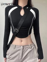 Women's T Shirts Weekeep Chinese Retro Hollow Out Crop Top Women Techwear Stitched Long Sleeve Slim Casual Shirt Autumn Winter Basic