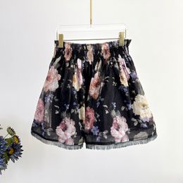 12.28 Holiday Silk Linen Floral Print Ruffle High Waist Frayed Tassel Mini Skirt Women