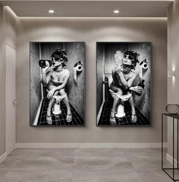 Nordic Canvas Art Posters And Prints Sexy Girl Sit in a Toilet Black and White Woman Smoke and Drink in Restroom Picture Poster8315869