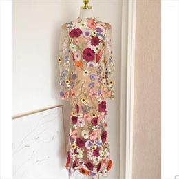 Casual Dresses 2024 Spring Net Yarn Three-dimensional Flower Embroidery Cut Waist Slim Dress