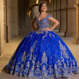 Blue Quinceanera Dresses For 16 Girl V-Neck Gold Appliques Lace Beading Princess Ball Gowns Birthday Prom Dress vestidos 15 de Aons