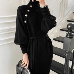 Turtleneck Buttons Lace-up Autumn Winter Elegant Dresses for Women Robe Sweater Maxi Dress Female Thick Knitted Dress 231228