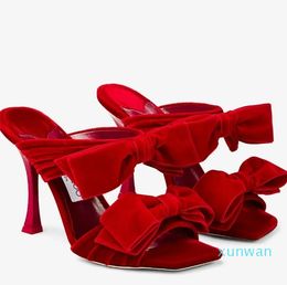 Perfect Nice Flaca Women Sandals Shoes with Bow Velvet Square Toe Mules Party Wedding Dress High Heels Sexy Slip-on Lady SlippersOriginal Box