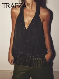 Women's Tanks TRAFZA Women Sexy Chic Deep V Neck Sling Sequined Embroidery Hem Tassel Black Halter Smock Blouse Satin Vest Blusas Top Mujer