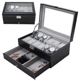 Professional 12 Grids Slots Watches Storage Box PU Leather Double Layers Watch Jewelry Case Holder Black Brown Casket Box 2019287S