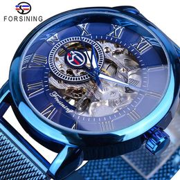 Forsining Blue Mechanical Watch Mens Casual Fashion Hand Wind Ultra Thin Slim Mesh Steel Belt Sports Watches Relogio3415