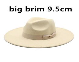 9 5cm Large Brim Wool Felt Fedora Hats With Bow Belts Women Men Big Simple Classic Jazz Caps Solid Colour Formal Dress Church Cap291054067