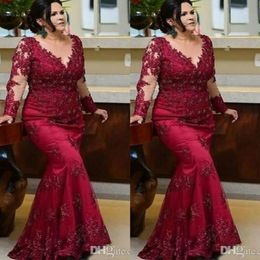 Vintage Burgundy Long Sleeves Prom Mother of the Bride Dresses 2022 Plus size Lace Beaded Sequin Evening Red Carpet Formal Gowns D2761446