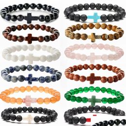Chain 8Mm Natural Stone Turquoise Bracelet Lava Agate Elastic Cross Charm Bracelets For Men Drop Delivery Jewelry Bracelets Dhgarden Dhwma