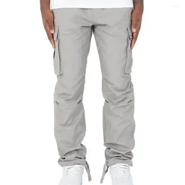 Men's Pants Men Cargo Multi Pockets Elastic Waist Drawstring Solid Colour Loose Soft Mid Daily Long Trousers