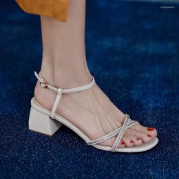 Sandals YMECHIC Cross Strap Narrow Band Rhinestone White Black Female Shoes Ankle Chunky Heels Summer Elegant Party