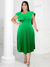 Plus Size Dresses 4XL Women Green A-Line Dress Bow Short Sleeve Pleated Elegant Fashion African Formal Evening Event Outfits Summer 2023