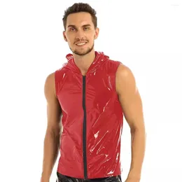 Men's Tank Tops Sleeveless Top Men Mirrored Leather Vest Shiny Hooded For