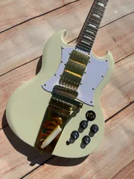 Guitarra elétrica personalizada, guitarra elétrica SG, branco creme, vibrato dourado, em estoque, pacote relâmpago