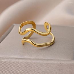Cluster Rings Curved Twisted Wave For Women Gold Plated Open Adjustable Double Layered Stainless Steel Ring Aesthetic Jewellery Anillos