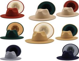 Whole Unisex Two Tone Floppy Flat Wide Brim Wool Felt Cowboy Dress Fedora Hats for Men Women Vintage Party Jazz Cap9526965