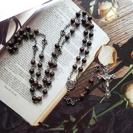 Pendant Necklaces Wood Rosary Necklace Vintage Unisex Long Cross Beads Catholic Pray Jewellery