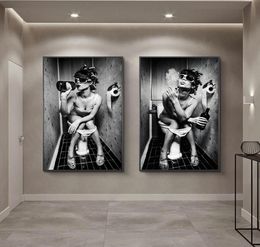 Nordic Canvas Art Posters And Prints Sexy Girl Sit in a Toilet Black and White Woman Smoke and Drink in Restroom Picture Poster7032242