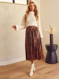 Skirts Pleated Bronzing Women Glossy Elastic High Waist 24 Spring A-line Fashion Female Silvery Loose Office Lady