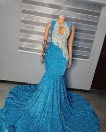 Sequins Prom Blue Party Formal Dresses For Black Girls 2024 Sparkly Diamond Beaded Sheer Mesh Evening Ocn Gala Gowns