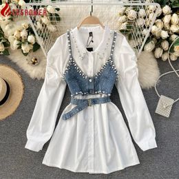 High-End White Shirt Dress Female Lapel Diamond Pearl Luxury Shirt Short Denim Vest Chic Two Piece Sets Female Fashion 231227