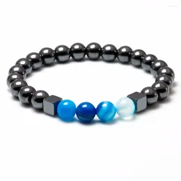 Strand Blue Stripe Onyx Beads Bracelets & Bangles Elastic Rope Chain 8MM Natural Stone Hematite For Men Power Jewellery