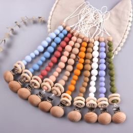 BPA Free Silicone Baby Pacifier Clips Chain Beech Wood Ring Newborn Dummy Soother Chain Nipple Holder Clip Baby Teething Toys