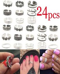 24pcsset Open Toe Rings Silver Plated Toe Rings Fashion Beach Jewelry Accessories Bohemia Style Feet Toe Rings7597964