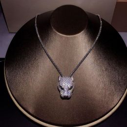 New Pure 925 Sterling Silver Fashion Zircon Leopard Necklace Party Jewelry Luxurious White Gold Leopard Head Sweater Chain J190713268g