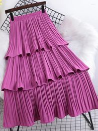 Skirts Tiered Pleated Long Skirt For Women Korean Casual Solid All-match A Line High Waist Mid-length Female Purple Z517