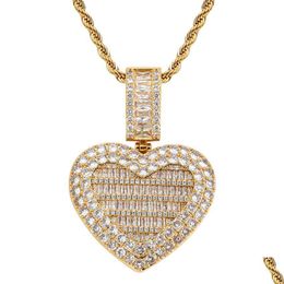 Pendant Necklaces 18K Gold Bling Cubic Zircon Heart Locket Necklace Jewellery Set Po Frame Openable Love Diamond Hip Hop Neckl Dhgarden Dh4Ww