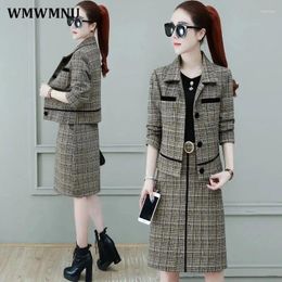 Work Dresses Vintage Plaid Skirt 2 Piece Set Women Outfits Spring Summer Thin Elegant No Liner Long Sleeve Jacket And Midi A-Line Skirts