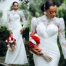 Illusion Trumpet Wedding Dress for Bride Elegant Long Sleeves High Neck Lace Bridal Gowns for African Arabic Black Women Girl Marriage Custom Made D089
