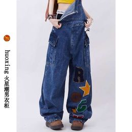 American New Denim Overalls Women with Letters Versatile Summer Retro Loose Slimming Lazy Style Wide Leg Jumpsuits
