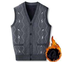 Autumn Winter Men Warm Sweater Vest Button Pockets Casual Simple Vneck Male Clothes Fleece Thicken Knitted Cardigan Tank Top 231227