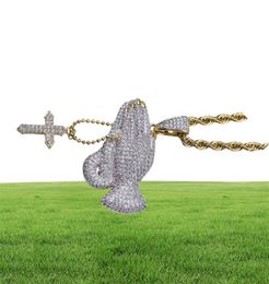 Who Hip Hop Brass Gold Color Iced Out CZ Praying Hands Pendant Necklace Jewelry For Men Women90869146995297