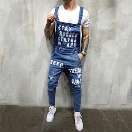 2023 Fashion Men's Ripped Jeans Jumpsuits Ankle Length Letter printing Distressed Denim Bib Overalls For Men Suspender Pants 240116