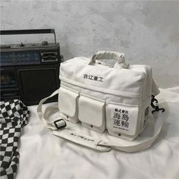 Briefcases Canvas Letter Print Hip Hop Japan Style Multiple Pockets Shoulder Bags Messenger Package Travel Casual Student Men Bag Handbag