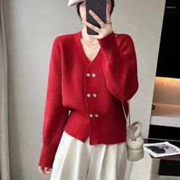 Women's Knits Double Breasted Knitted Cardigans Red Women Tops Casual V-Neck Sweaters Elegant Korean Autumn Winter Soft Loose Outerwear