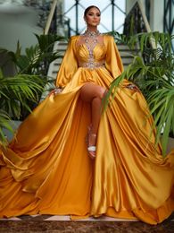 Luxury Crystal Beads Prom Dresses High Collar Long Sleeve Evening Gown Cut-out Waist A Line Satin Vestidos de Fiesta