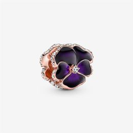 100% 925 Sterling Silver Deep Purple Pansy Flower Charms Fit Original European Charm Bracelet Fashion Jewellery Accessories2786
