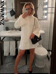 Casual Dresses XNWMNZ Women Fashion 2023 Sequined Tie-back Dress Party O Neck Long Sleeved Back Deep V-neckline Ties Female Mini